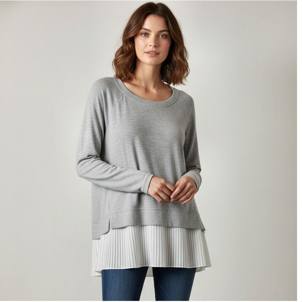 Rebecca Taylor Grey Terry Top with Beige Pleats, Size M